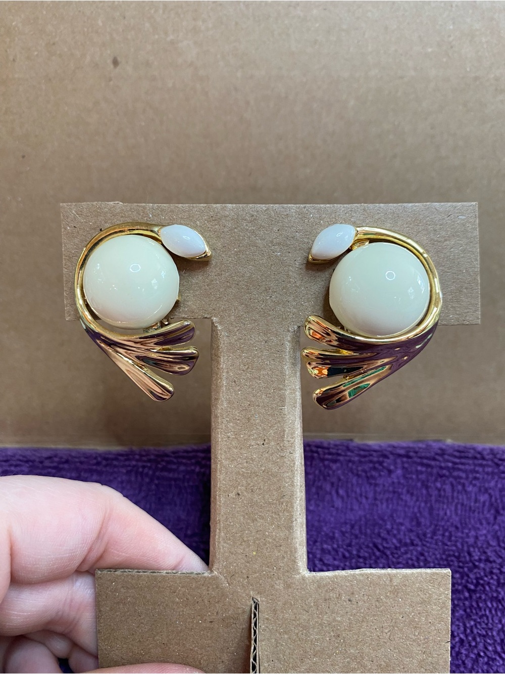 Vintage Gold-Tone Cream Cabochon Clip Earrings
